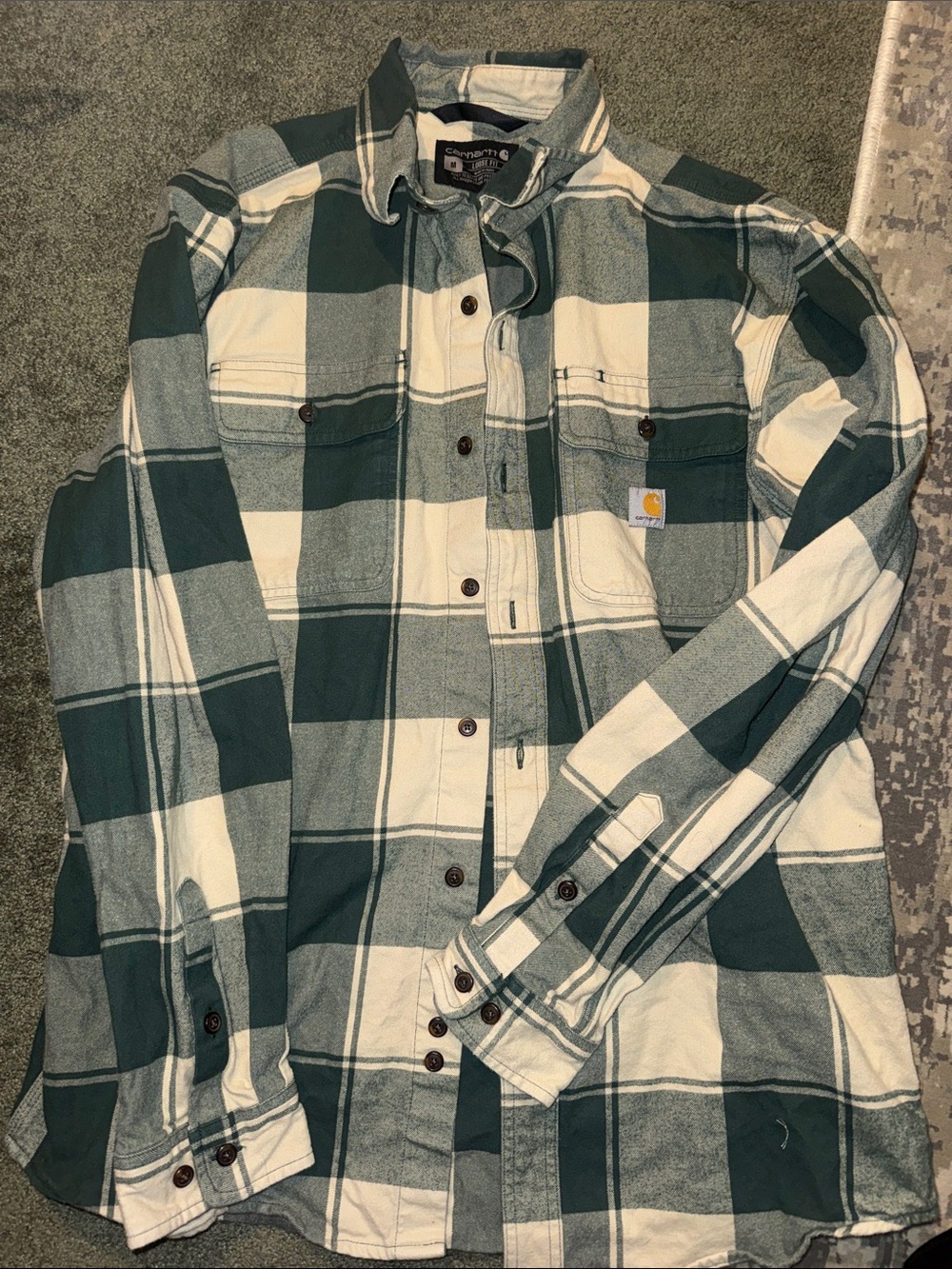 Carhartt Green and White Plaid Button-Up Work Shirt Loose fit